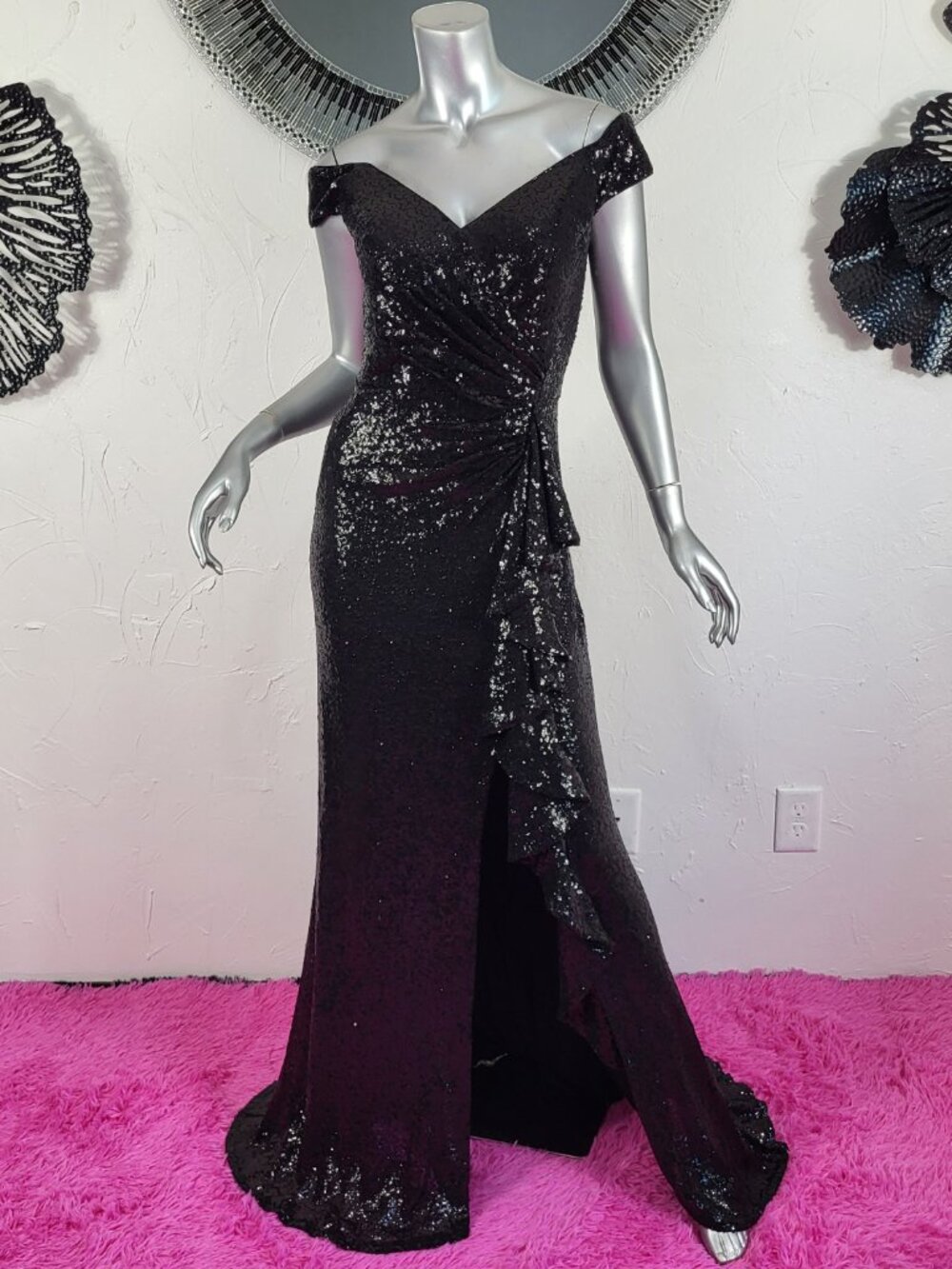 NWT~$595~TADASHI SHOJI~M~BLACK SEQUIN SLIT RUFFLE RUCHED PROM EVENING MAXI DRESS